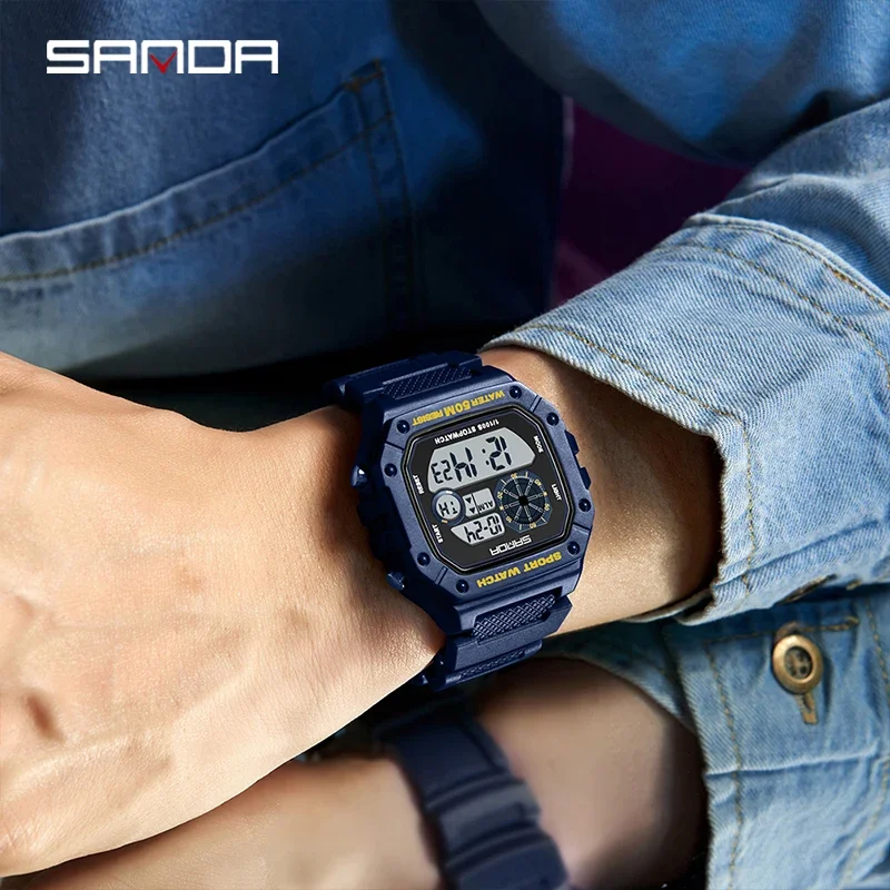 SANDA Fashion Men's Electronic Watch Sports Multifunctional Waterproof LED Luminous Single Display Small Square Electronic Watch