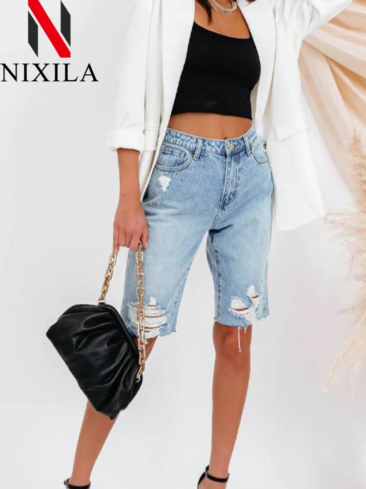 New in Summer High Waisted Elasticity Pants Small Footed Jeans Women's Five-Pointed Hole Ripped Jeans for Women Fashion Clothing