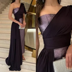 customized Sexy backless single shoulder short sleeved sequin pleated satin ball party dress formal occasion evening dress 2024