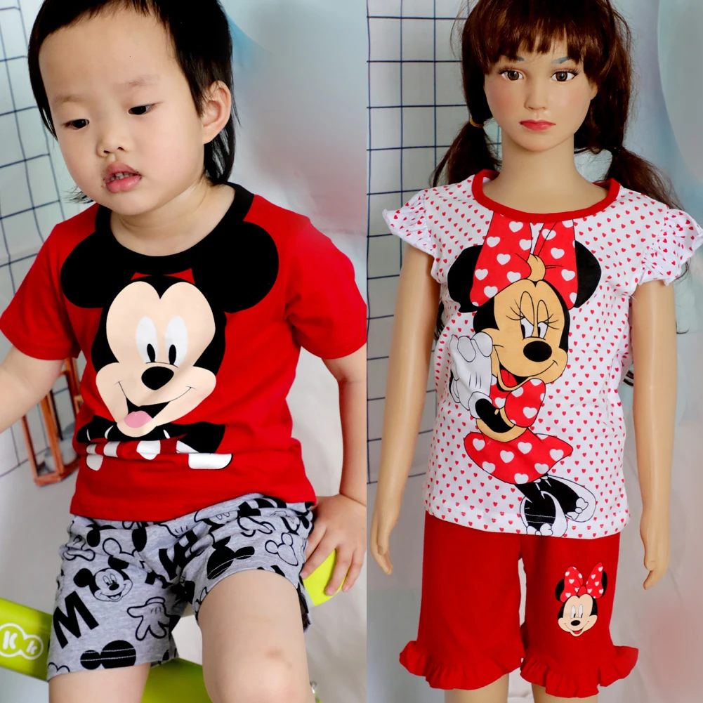 Hot Summer Children Clothes Mickey Boy Short Sleeve Sets Minnie Cartoon Suit 1-7Years Baby Boys Girls Cotton Set Kids Clothes