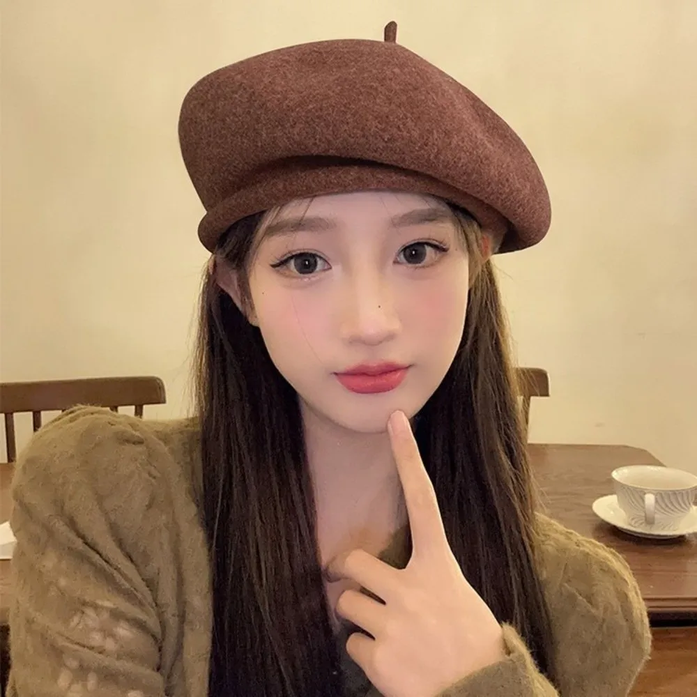 Elegant Wool Beret Cap Solid Color Rolled Edge British Top Hat Soft Winter Warm Fashion Fedoras
