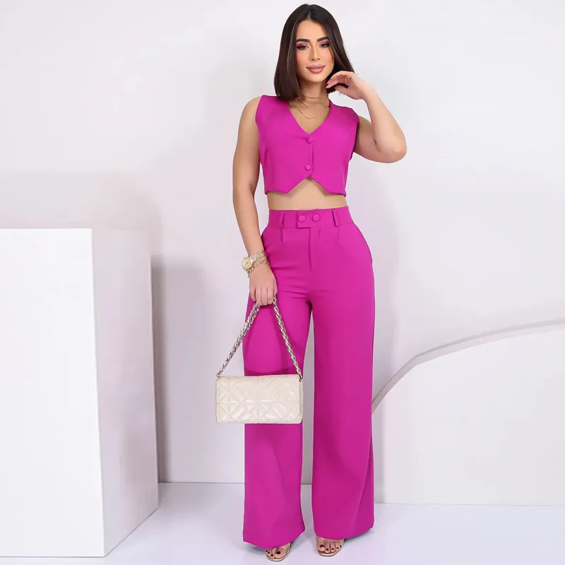 

Women Tracksuit Single Breasted Vest Wide Leg Pants Two Pieces Pant Sets Solid Pockets Loose Button Ankle Length Office Lady