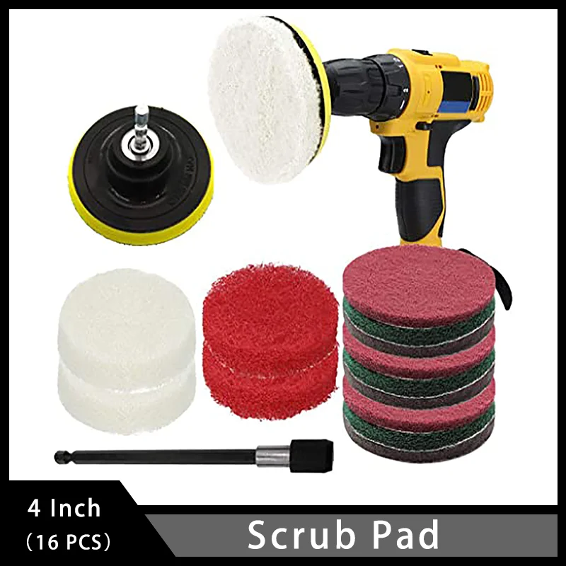 

16 Pcs Scrub Pad 4 Inch Attachments Includes Extend Long Attachment For Cleaning Any Surface Indoor and Outdoor Tiles Tubs Glass