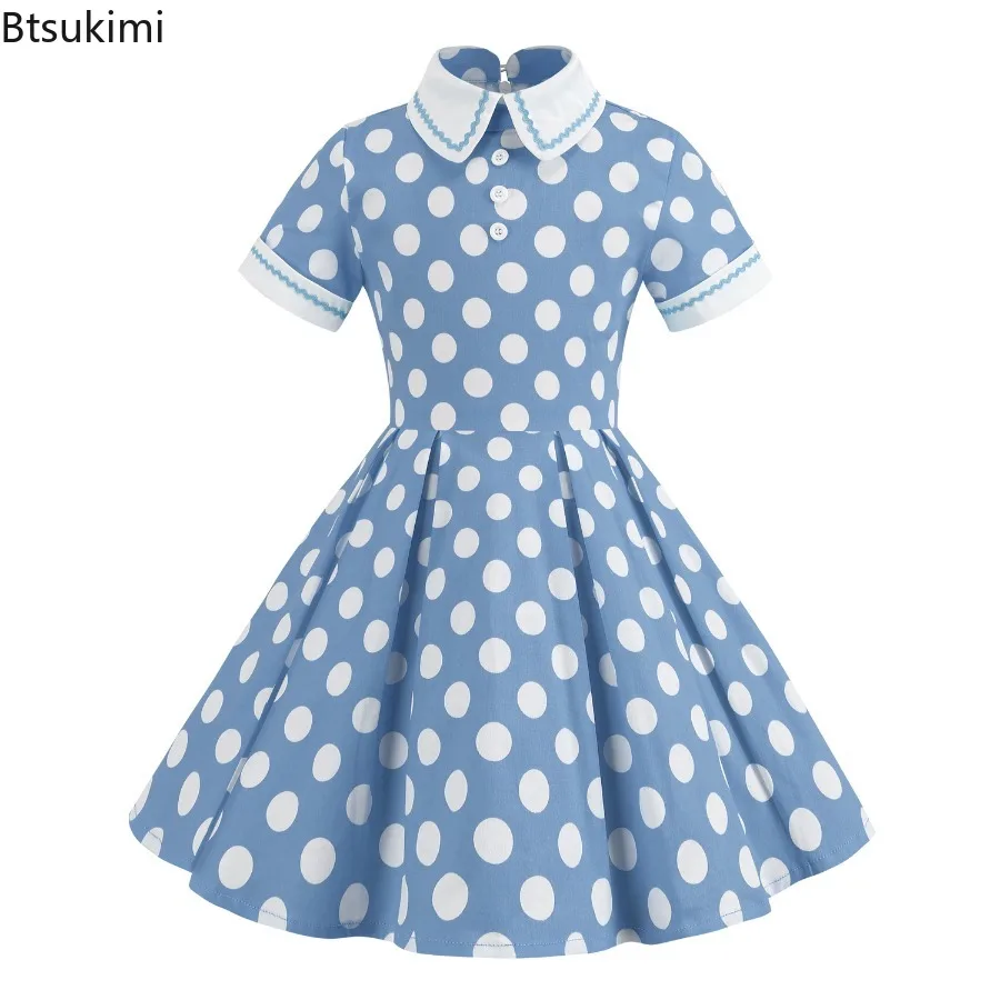 2025 Vintage stijl kindermeisje stippen dagelijkse verjaardagsjurk zomer kraagvorm korte mouwen swing prinsessenjurk