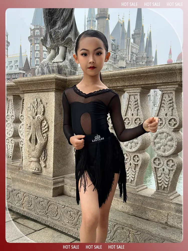 

Long Sleeve ChaCha Latin Dance Competition Dress Black Tassel Dance Costume Bodysuit Skirt Samba Performance Suit