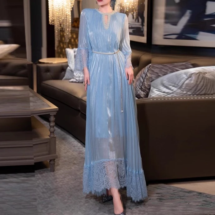 Blue Beading Lace Patchwork Loose Dress Women Elegant O-neck Vintage Clothing Lady Streetwear Holiday Party Vestidos Bodycon