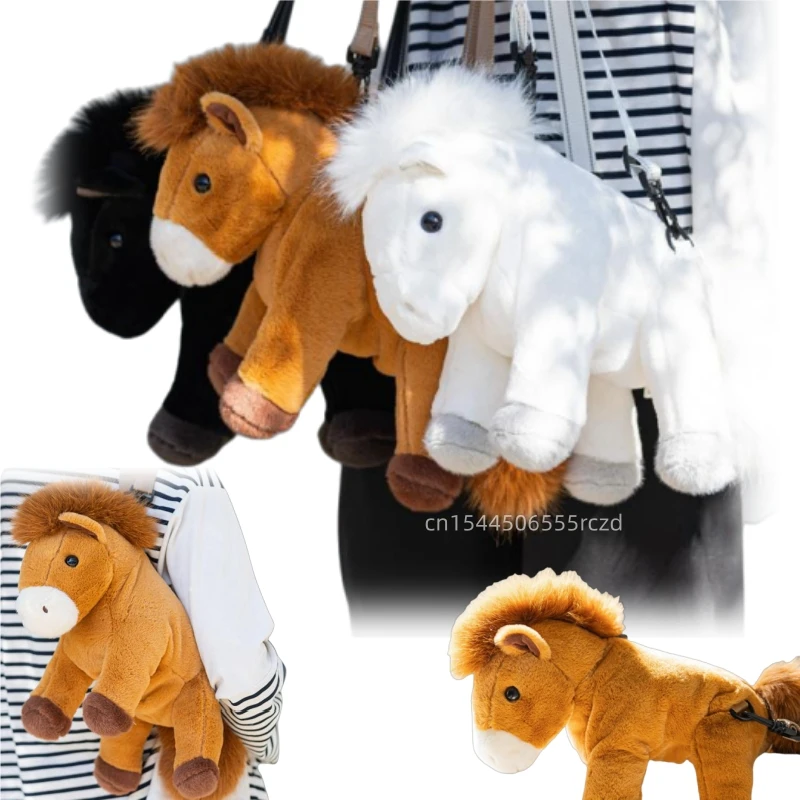 

40cm High Quality Cartoon Horse Plush Doll Backpack Soft Brown White Black Horse Animal Stuffed Toy Home Decor Gift For Kids