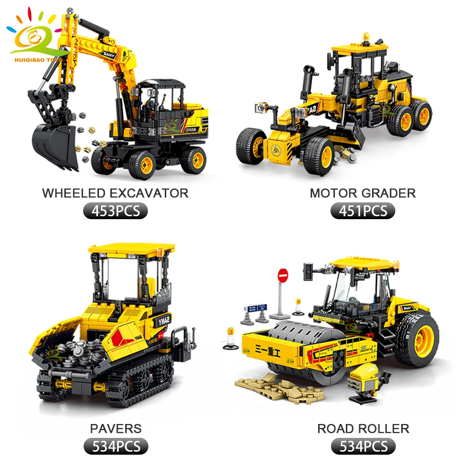 HUIQIBAO City Engineering Series Vehicle Excavator Building Blocks Car Road Roller Pavers Construction Bricks Toys for Children