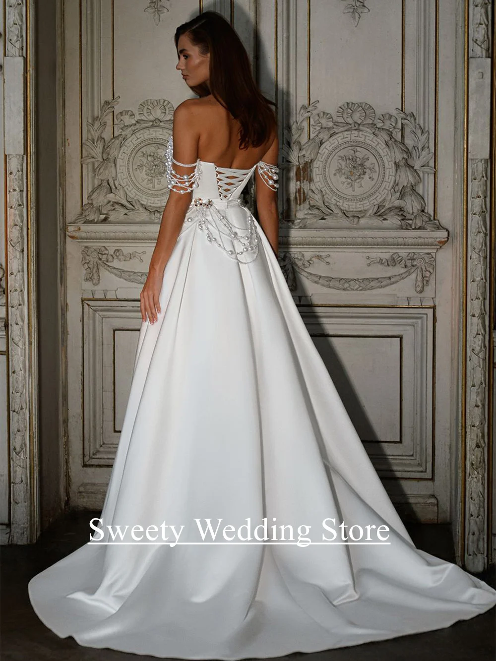 فستان زفاف لؤلؤي للعروس جديد مخصص بدون أكتاف بدون حمالات كريستال سويب تراين مشد فستان زفاف فيستدو نويفا