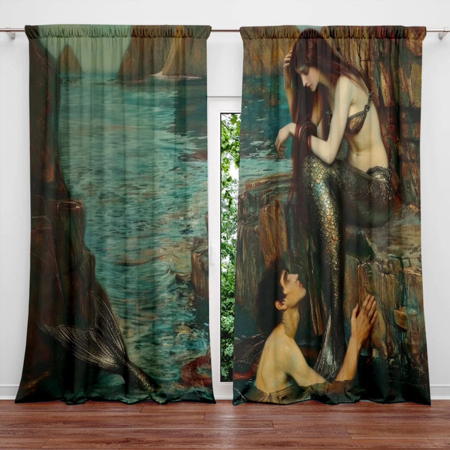 Mermaid Art Curtains, Fantasy Ocean Print Sheer Drapes, Mythical Sea Nymph Decor for Living Room Bedroom Window Treatment