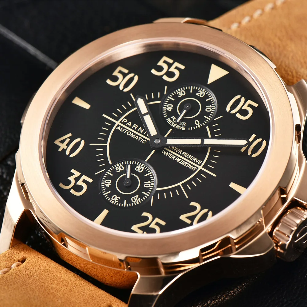 Fashion Parnis 44mm Rose Gold Case Automatic Men Watch Mechanical Power Reserve Sports Man Watches Luxury reloj para hombre 2023