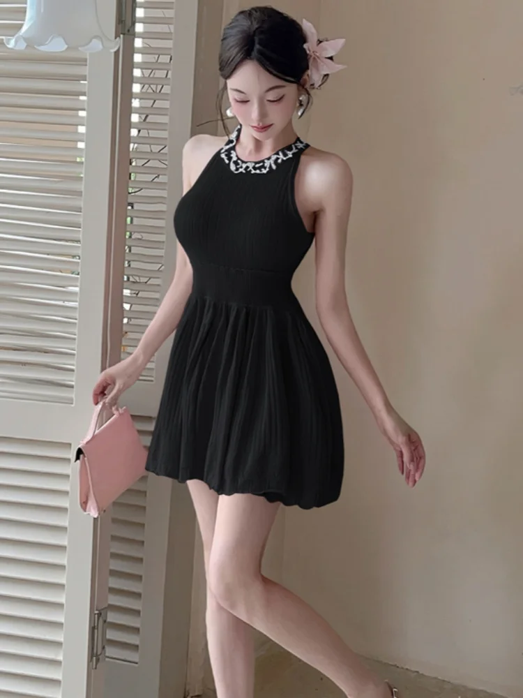 SMTHMA 작은 향기 스타일 라이트 럭셔리 비드 교수형 목 니트 드레스 여성을위한 하이 엔드 슬리밍 민소매 여름 드레스