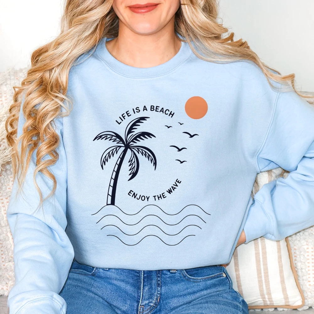 Y2K グラフィックカジュアルクルーネックスウェットシャツ女性服プリントストリート特大トップパーティー夏のココナッツの木快適な