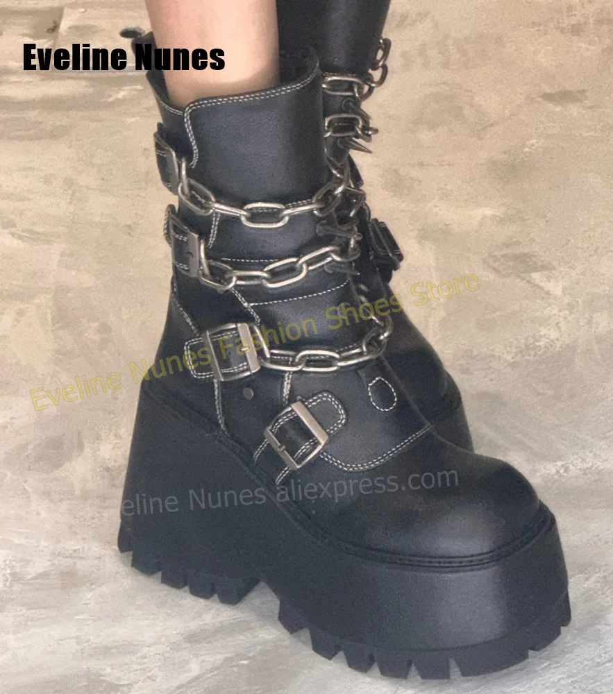 Women Black Platform Wedge Ankle Boots Punk Metal Chain Multi Buckle Decor Gothic Shoes Side Zip Cosplay Clubwear Stage Footwear