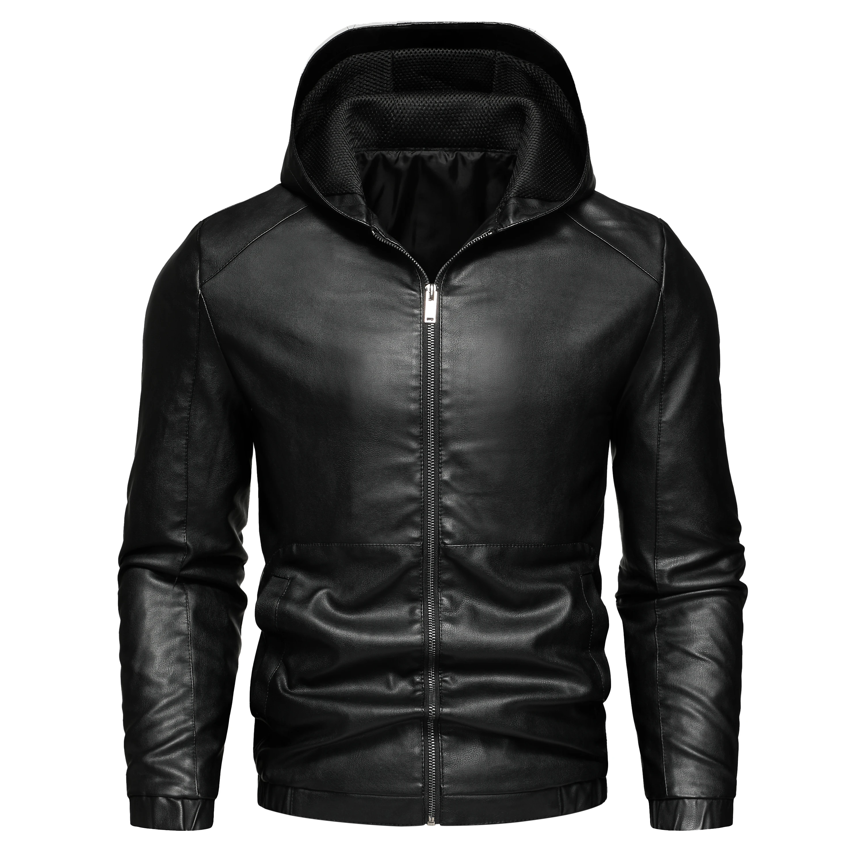 

Men's casual black jacket jacket with hooded PU leather biker jacket