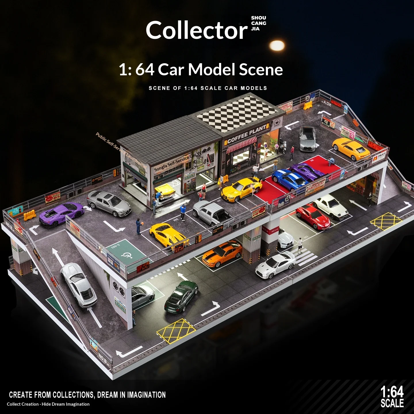 

1 64 Scale Car Model Parking Garage With Led Light Storage Rack Car Wash Coffee Shop Diorama Scene For Collectors