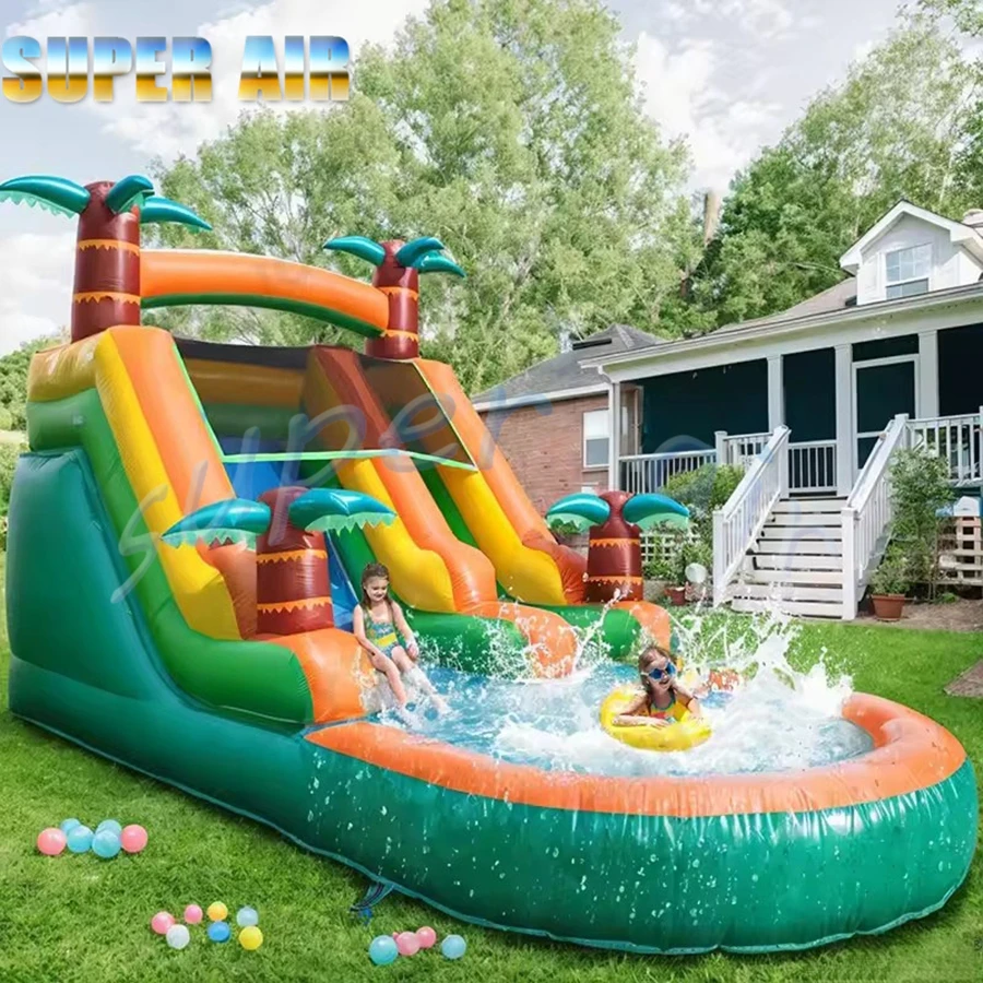 Tobogán de agua inflable comercial al aire libre para niños, tobogán de árbol de coco inflable de PVC
