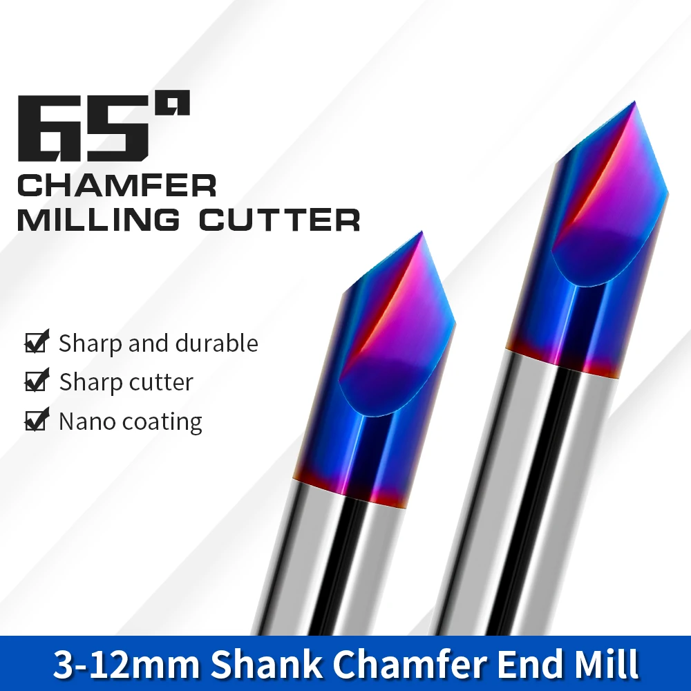 HRC65 Chamfer Milling Cutter 3-12mm 90 Degree Carbide End Mill CNC Machine Router Bit Nano Blue Coated 2 3 Flutes Milling Tools