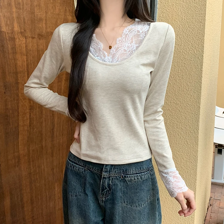 2026 Herbst Winter Damen T-Shirt Spitze Schlankes Basis-T-Shirt Elegantes Vielseitiges Strick-Layering-Oberteil mit Langen Ärmeln für Damen Neu eingetroffenes T-Shirt – Detail 4