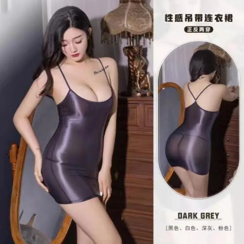 Plus Size Women Sexy Tights Pencil Dress See Through Mini Dress Oil Glossy Shiny Elastic Bodycon Dress Stage Dance Clubwear