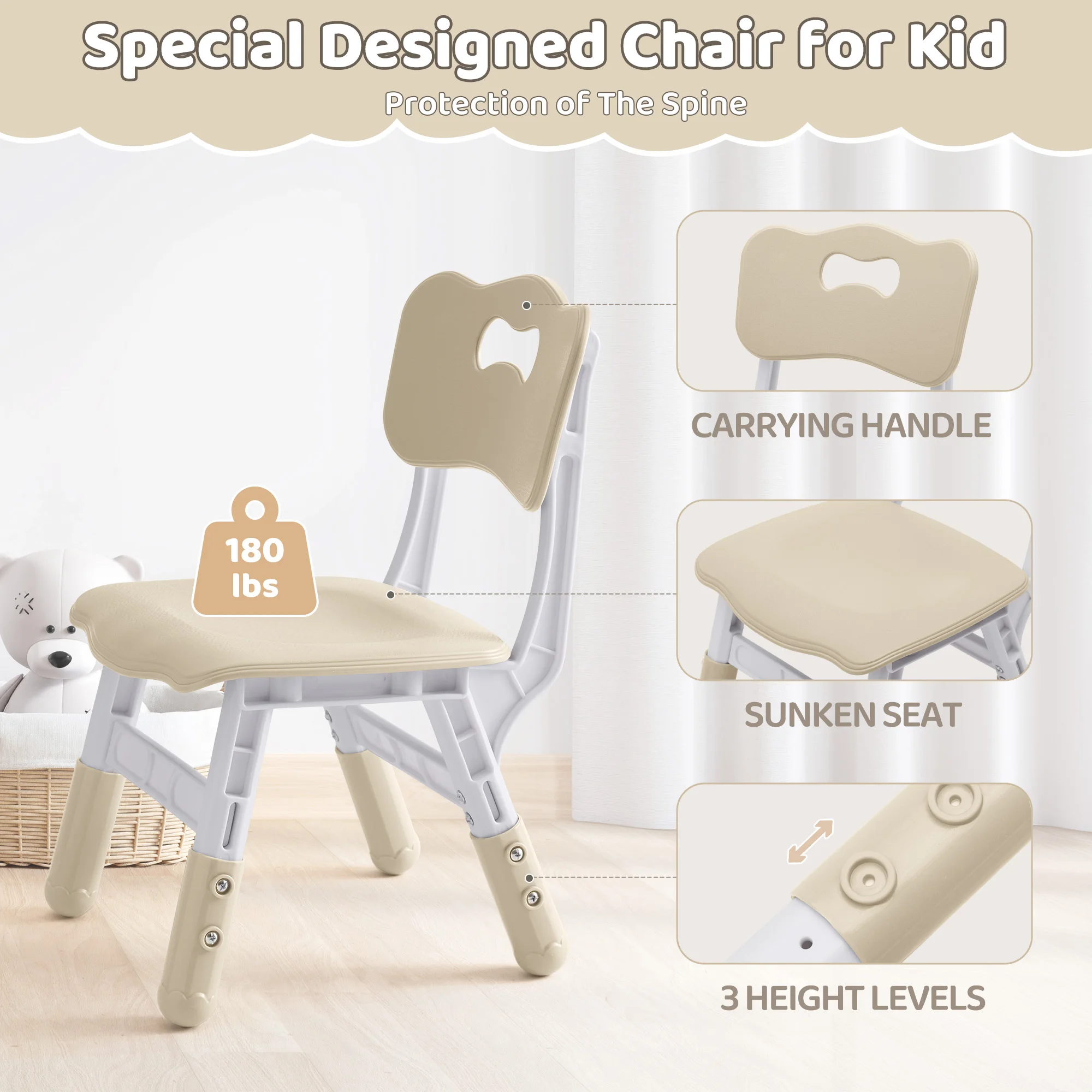 Kids Table And 2 Chairs Set Height Adjustable for Ages 2-8 Non-Slip Wipe-Clean Montessori Learning Art Drawing Desk with 2 Chairs for Home Preschool view 5
