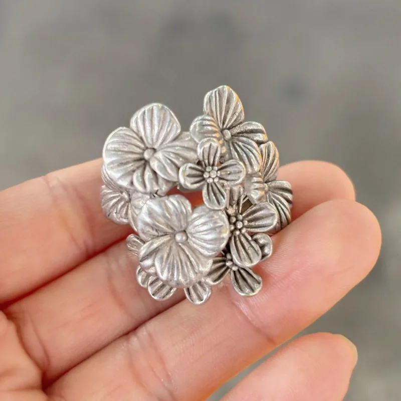Vintage Wide Plum Blossom Ring, Copper Silver Plated Adjustable Open Band, Retro Engraved Niche Finger Jewelry