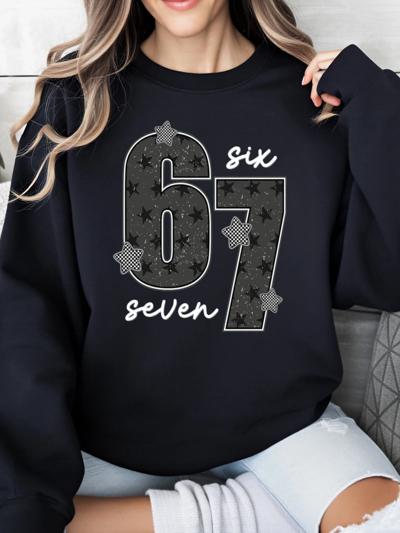 

67, толстовка с принтом шести и семь звезд, женская повседневная одежда на Хэллоуин, черная, больших размеров