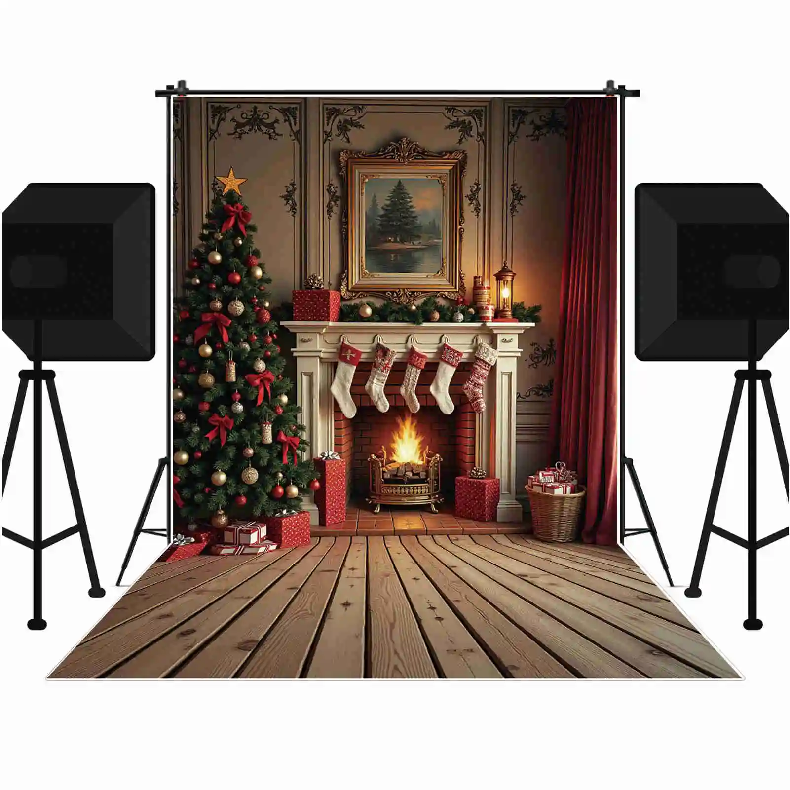 MOON.QG Christmas Photography Backdrop Brick Fireplace Tree Background Children\'s Village Home Photo Studio Photocall Supplier