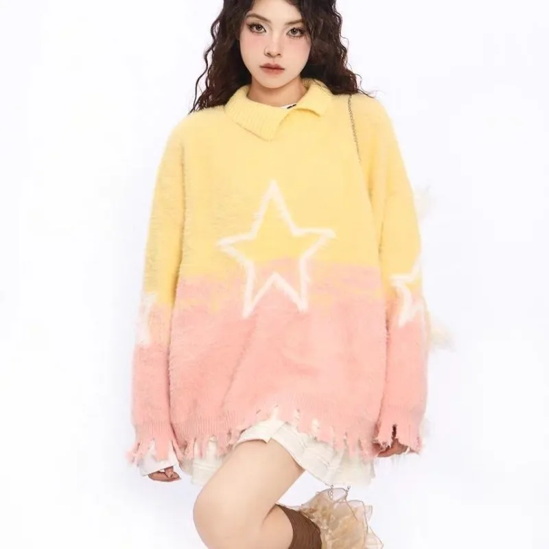 American Waterproof Mink Star Sweater Female Autumn Winter Lazy Style Thicked Warm Tops 2026 Fashion Trend Knitted Pullover
