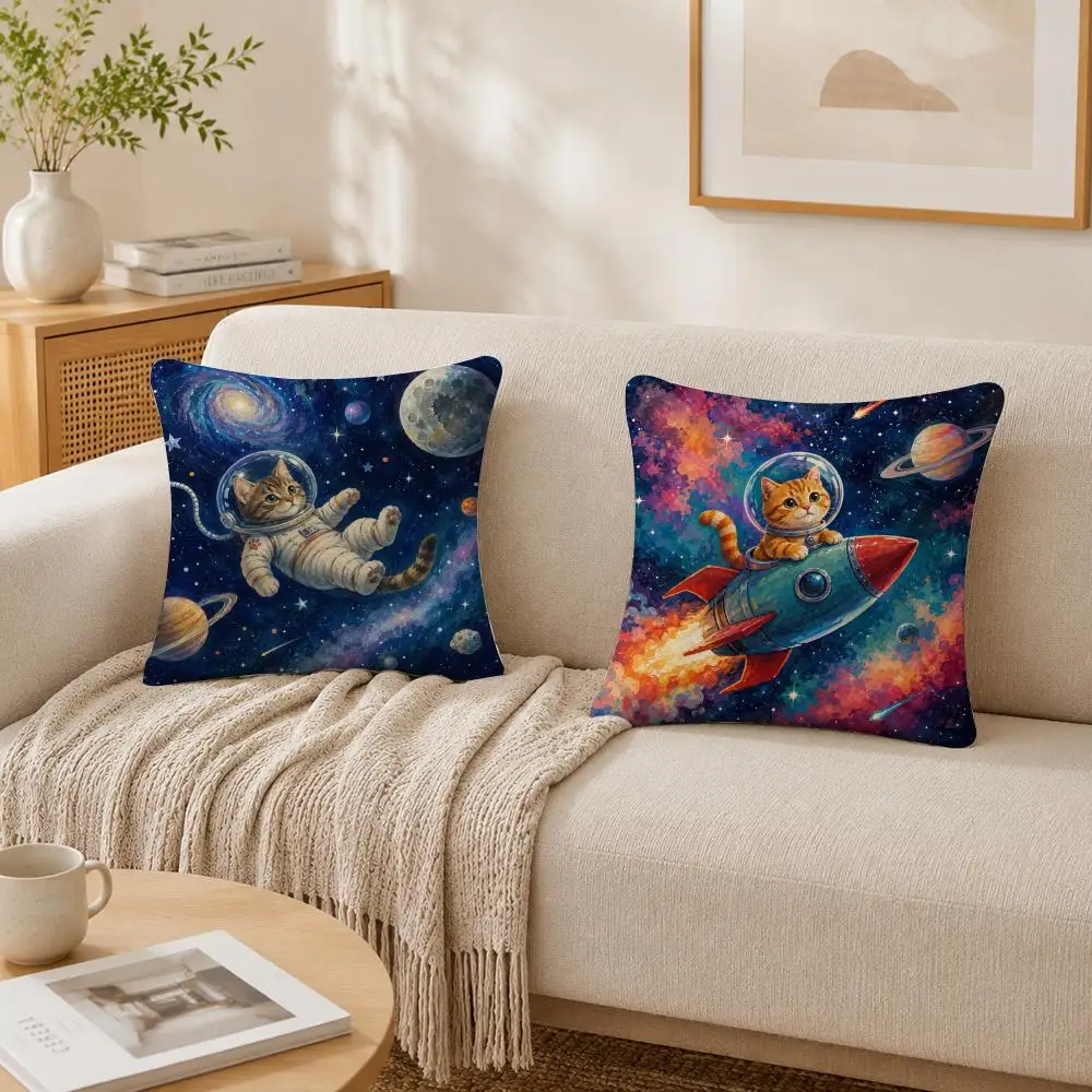 Astronaut Cat Funny Kity Outer Space Pillow Case Double-Sided Plush Sofa Cushion Covers Organic Breathable Invisible Zipper