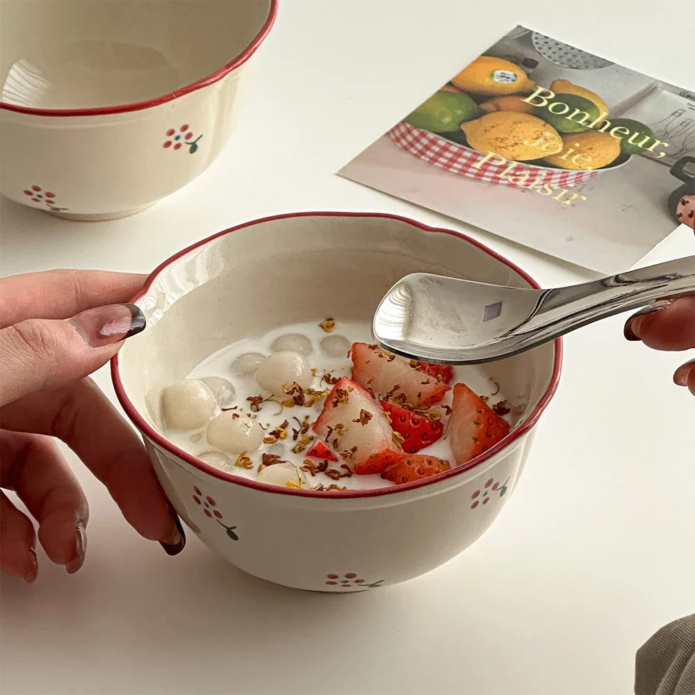 Flower Edge Porcelain Bowl Korean Ins Floral Ceramic Restaurant Household Tableware Dessert Yogurt Oats Breakfast Bowls