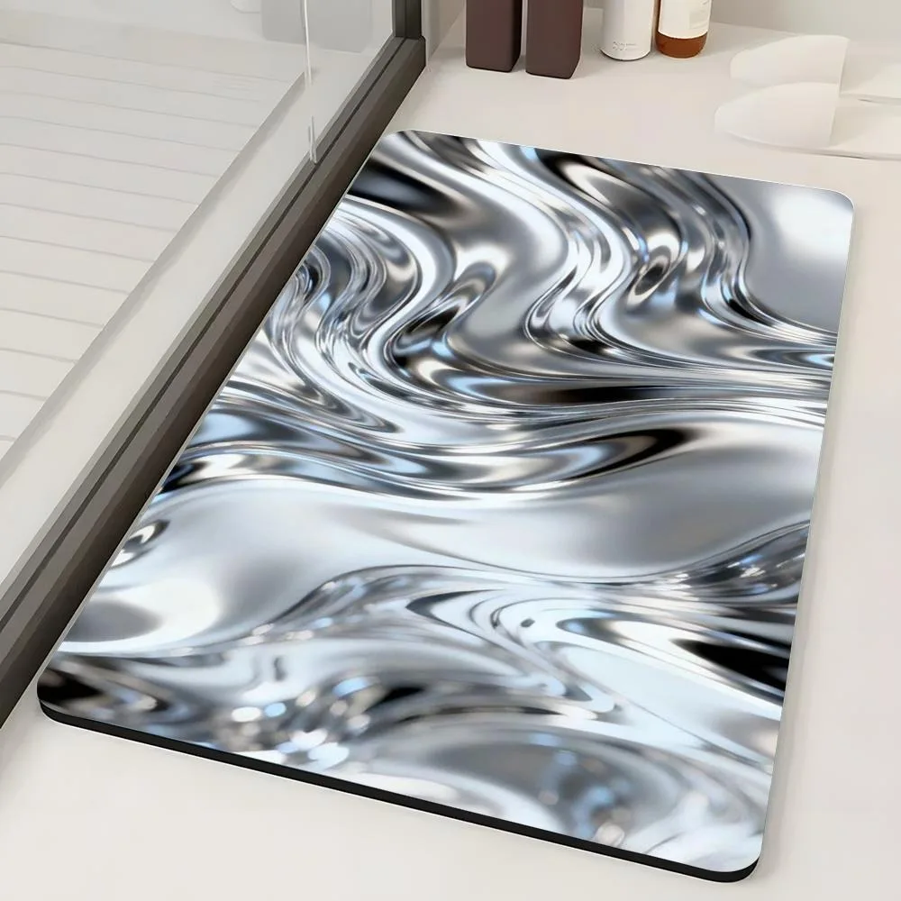 Silver Liquid Metal Fluid Diatom Mud Floor Mat Bathroom Living Room Non-slip Absorbent Quick Dry Shower Foot Rug Home Decor