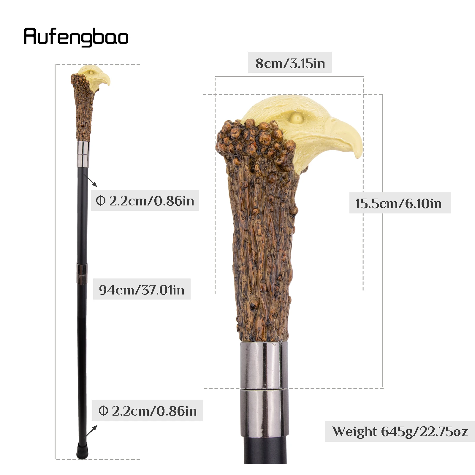 Yellow Resin Eagle Head Tree Root Walking Cane Fashion Steel Stick Elegant Cosplay Cane Knob Crosier Performance Stage Cane 94cm