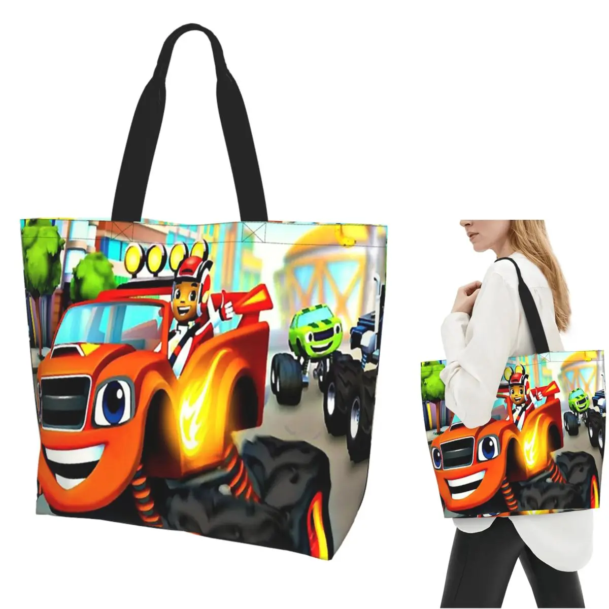 Blaze And The Monster Machines Shopping Tote Bag Canvas Large Capacity Shoulder Bags Shopper Grocery Handbag for Women