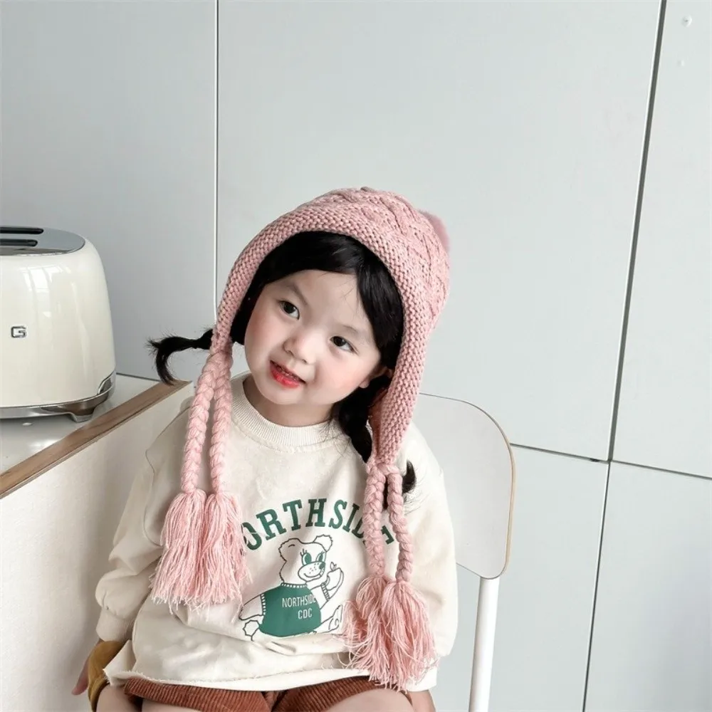 

Korean Autumn Winter Baby Crochet Hat Pom-pom Tassel Pigtail Hand Knitted Cap Soft Warm Outdoor Ear Protection Cap Kids