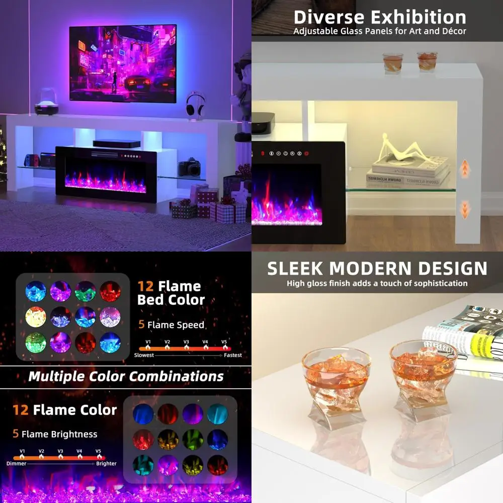 

Современная белая подставка для телевизора с камином, 36 каминами и 70 глянцевыми развлекательными центами с 12-цветной светодиодной подсветкой и 12 компакт-диском.