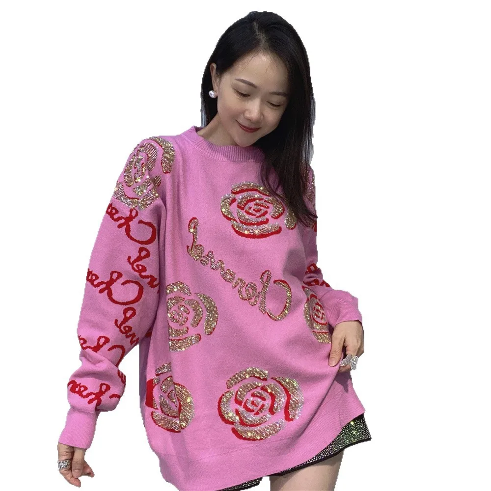Rosa flores diamantes pulôver feminino suéteres 2025 novo outono inverno all-match em torno do pescoço solto manga longa malha jumpers topo