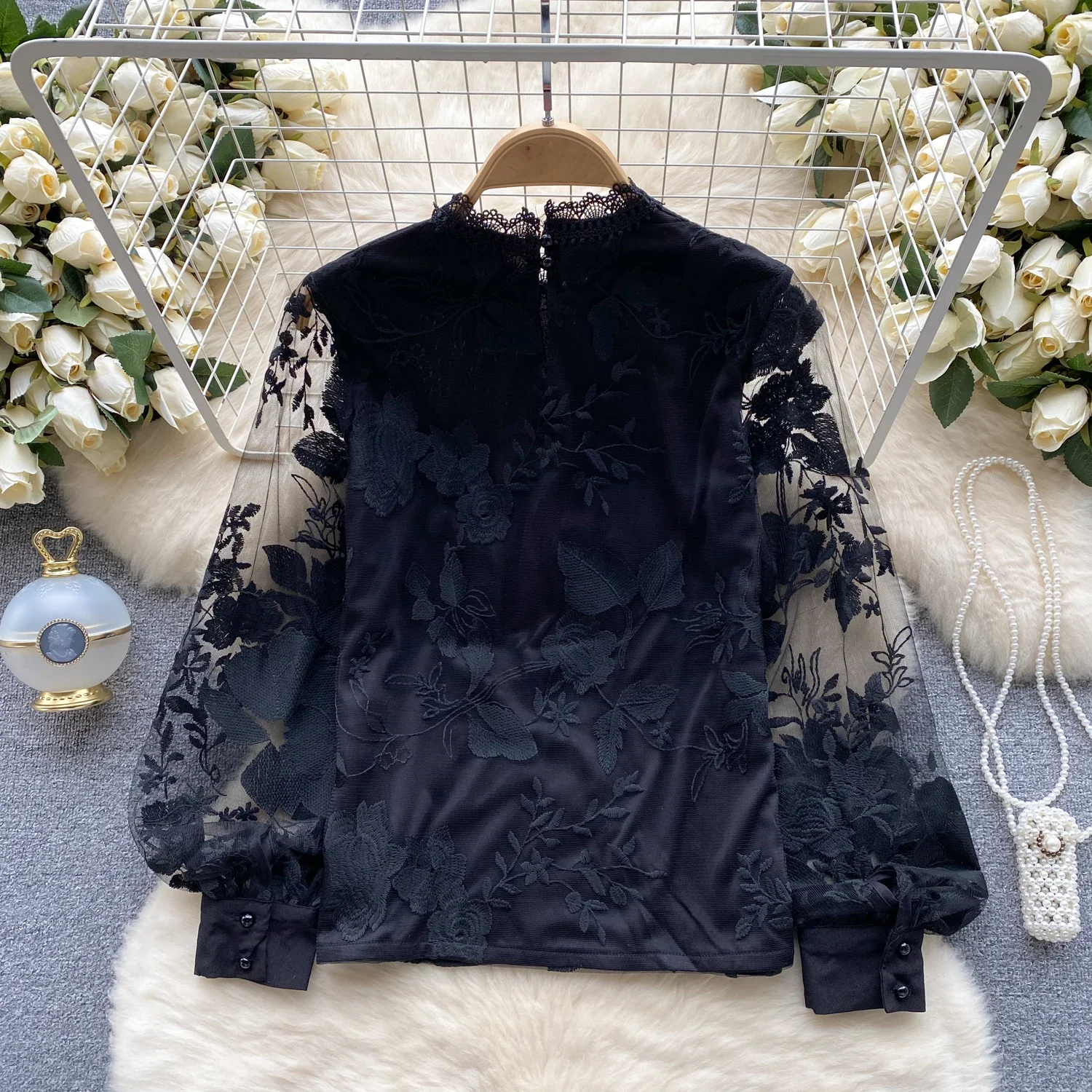 Elegant Long Puff Sleeves Vintage Stand Neck Chic Lace See Through Embroidered Loose Top Basics High Street Spring Autumn Blouse