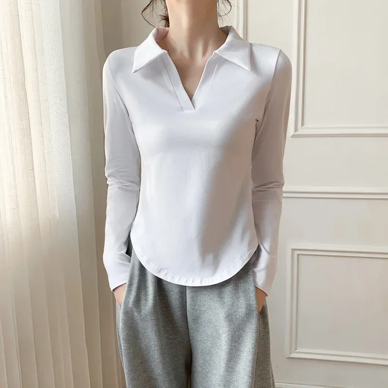 Korean Fashon Skinny Long-Sleeved T-shirt Women Autumn Cotton Lapel Polo Collar Y2k Top Bottoming Shirt Women Slim Polo Shirts