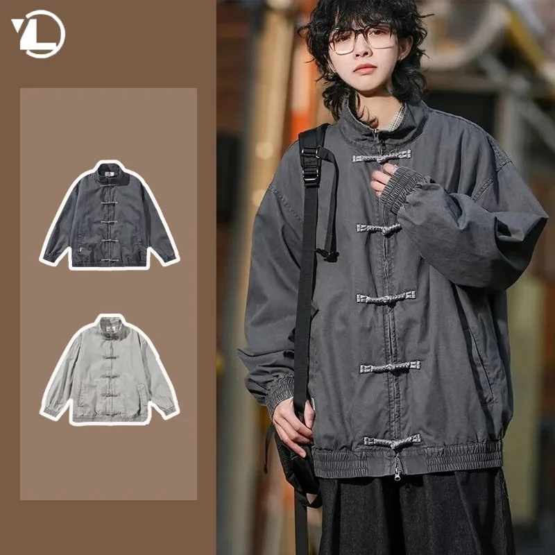 

Autumn Casual Stand Collar Tooling Jackets Mens Vintage Buckle Washed Coats Male Pockets Simple Fashion Solid Color Outwear