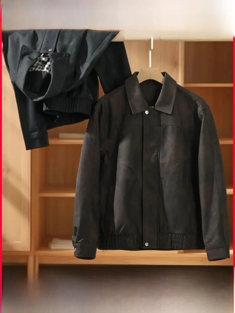 

Casual Faionable Men's Leather Jaet Sli Stand Collar Versatile Outerwear Trendy PU Leather Long Sve Zipper Closure