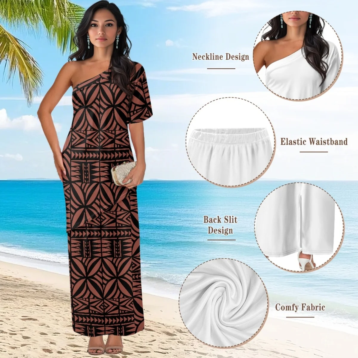 ชุดเดรสสไตล์ชนเผ่าแปซิฟิกแบบซามัว ปูเลตาซี สีน้ำตาลแบบสั่งทำพิเศษ ผ้าตาปา ตัดเย็บแบบไหล่เดียว ทรงไม่สมมาตร ชุดเดรสออกงานสุดหรู