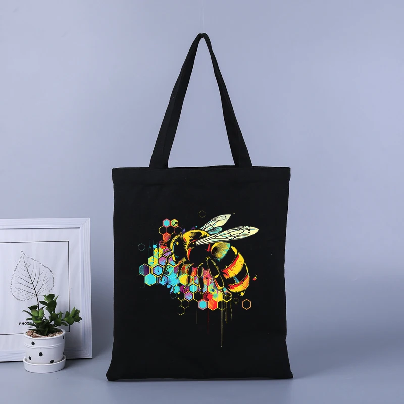 Bolsa de compras de lona con estampado de abeja, bolso de mano de gran capacidad, bolso escolar para estudiantes