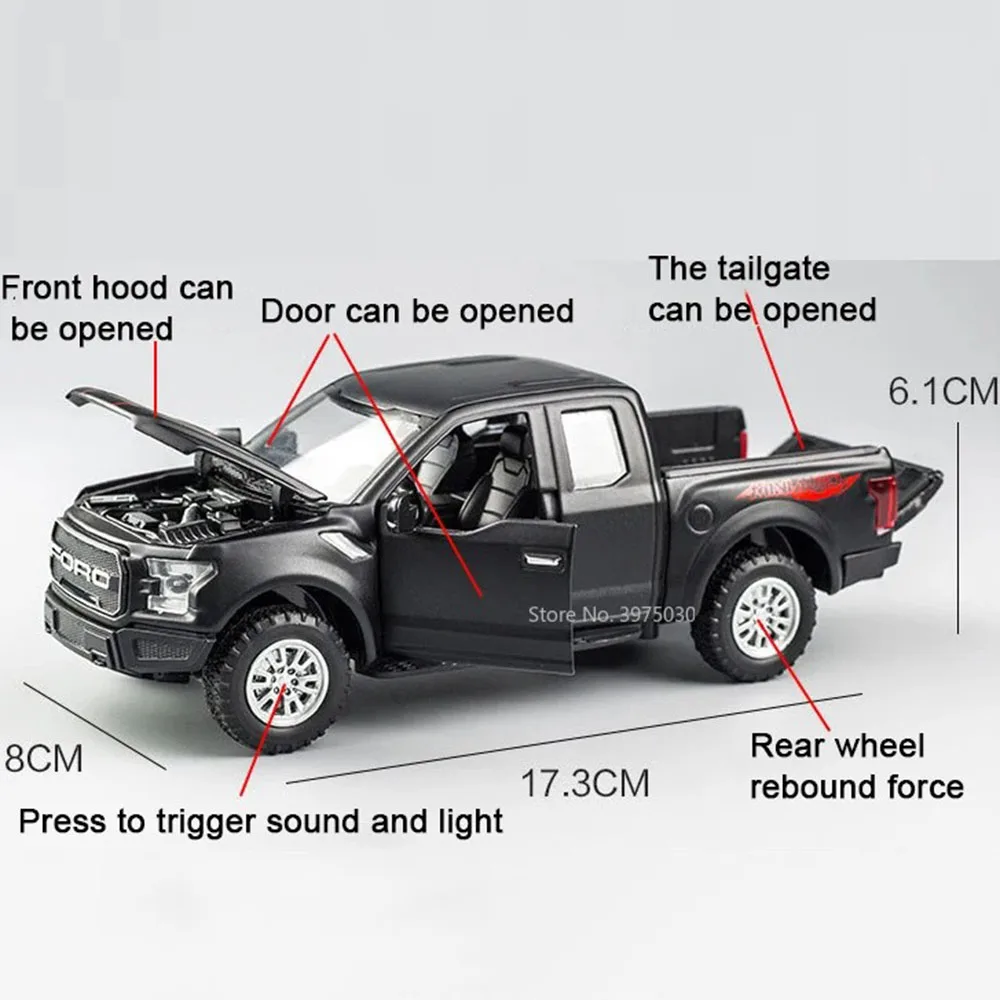 1:32 Scale F-150 SVT Raptor Alloy Diecast Models Cars Toys Doors Opened Off-road with Light Music Vehicles Boys Birthday Gifts