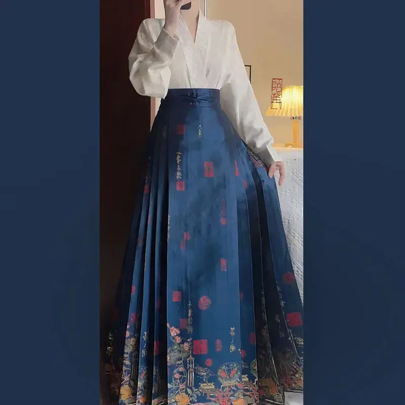 Original Chinese Traditional White Cross Collar Embroidered Long Sleeved Hanfu Shirt for Women 2024 Autumn Casual Tops Plus Size
