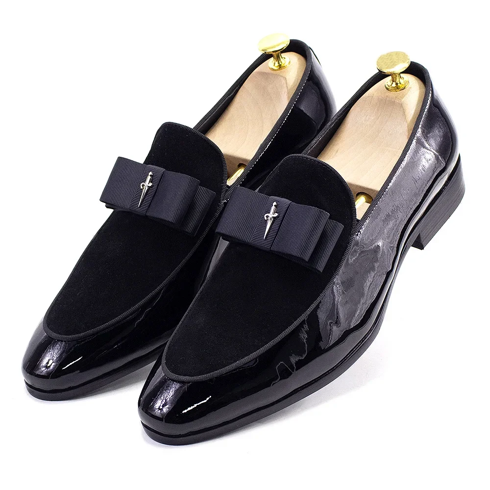 Mocassini da uomo fatti a mano in vera pelle verniciata Patchwork in pelle scamosciata con papillon calzature da sposa scarpe eleganti da banchetto