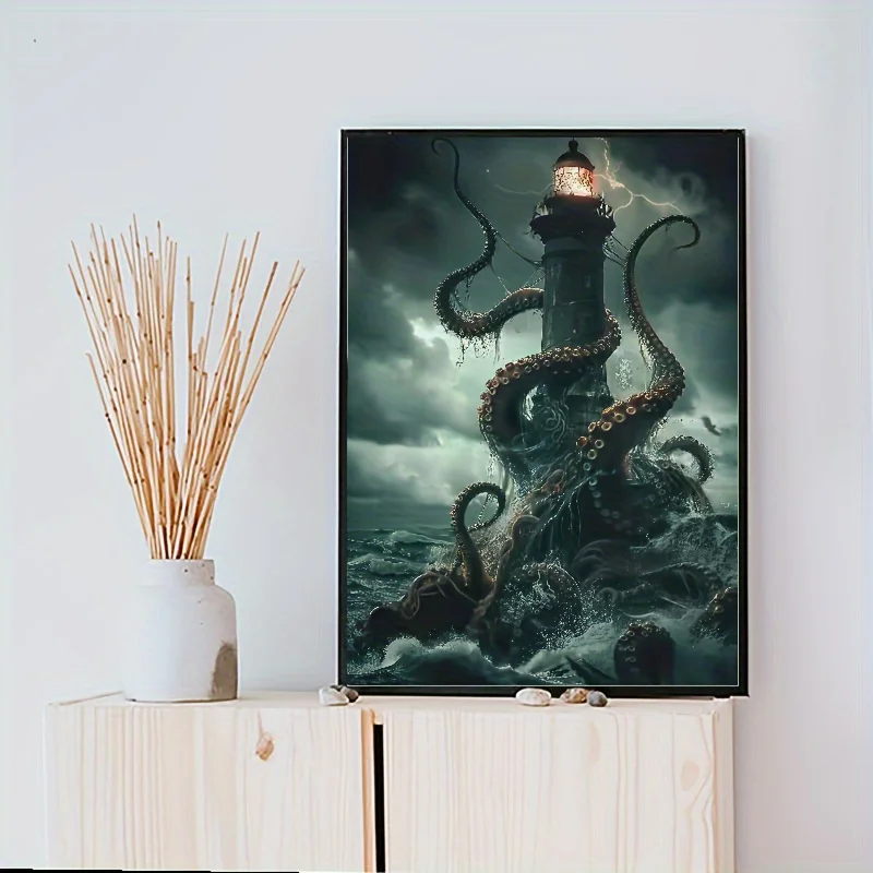 [High-Quality Abstract Lighthouse Art] Lighthouse & Sea Monsters Canvas Art - High-Quality Abstract Wall Decor for Living Room