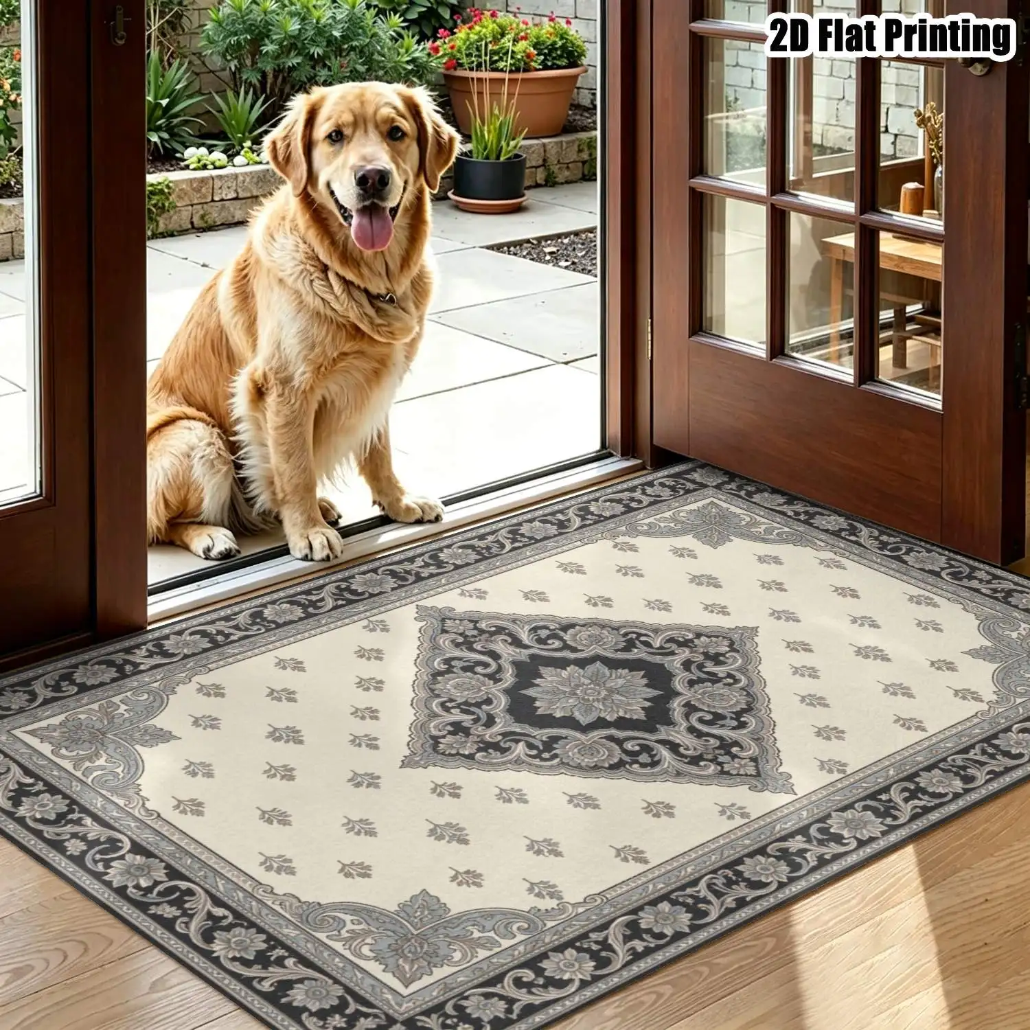 1Pc 2D Printed Beige Floral Geometric Pattern Carpet European Retro Bohemian Style Rug for Home Decor, Available in Multiple Sizes, Machine Washable, Can Be Used as an Entrance Mat, Dining Room Rug, Foyer Rug, Bedroom or Living Room Carpet.