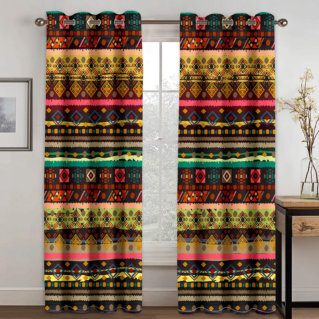 Bohemian Style Golden Pattern Color Texture Curtains 2 Panels Ethiopian Style Home Living Room Bedroom Balcony Kitchen Decor