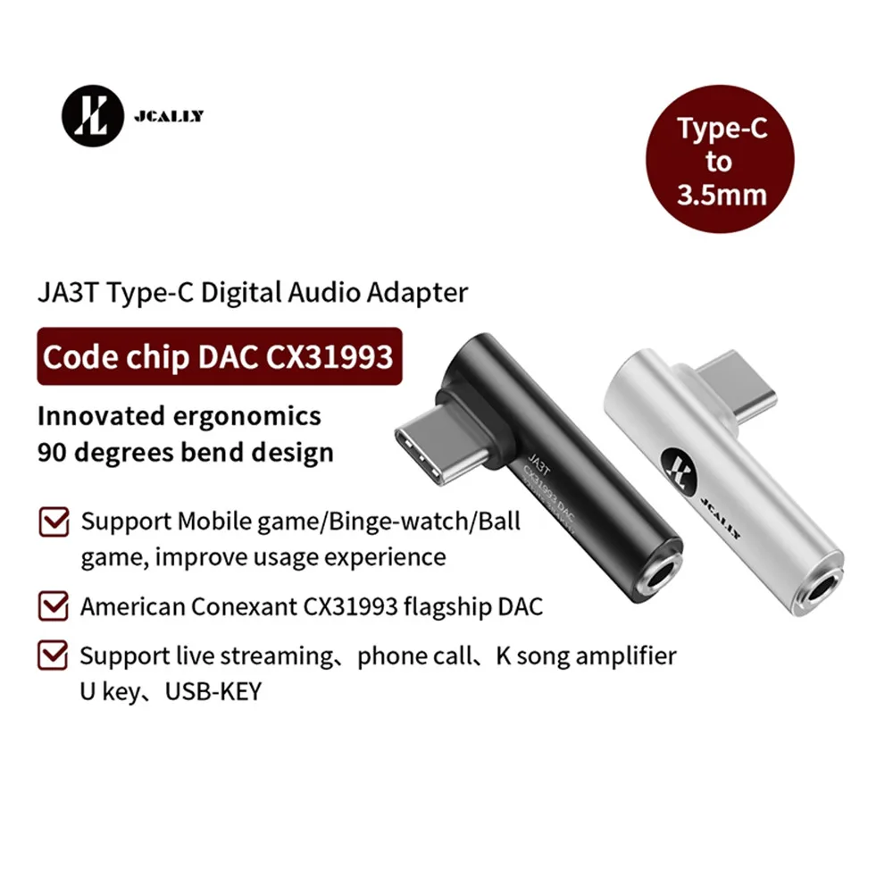 JCALLY JA3T Digitale Audio Draagbare Decodering CX31993 DAC Type-C naar 3.5mm Hoofdtelefoonversterker Hifi 32bit/384KHz L Plug Adapter
